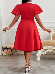 Fleurora Abito midi da donna con scollo a cuore, maniche corte con volant, elegante, con vita impreziosita da strass, di taglia grande