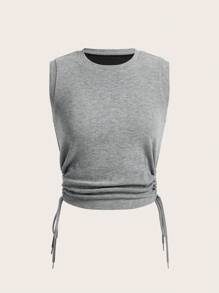 SHEIN Sports Women Crewneck Sleeveless Drawstring Summer Solid Color Versatile Camisole - Black - View 2