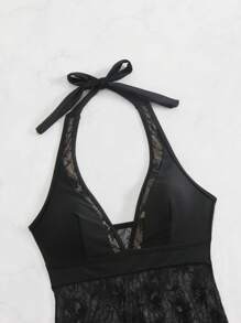 Swim Lushoire 2pcs Solid Color Lace Patchwork Women Tank Top And Bikini Set For Summer Beach Vacation - Black - View 8
