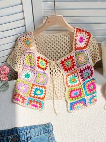 Comfortcana Cárdigan corto de verano para mujer con detalle de crochet y cierre delantero