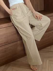 DAZY Minimalistic Lace Patchwork Loose Fitting Pajama Pants, Back To School , Fall - Khaki - View 3