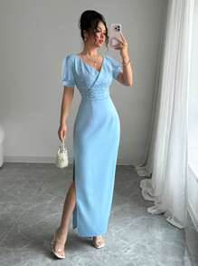 Elenzga 优雅纯色串珠装饰侧开衩连衣裙，夏季