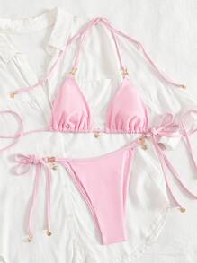 Swim Mod 2 件套女士性感纯色吊带海星装饰粉色比基尼泳裤和侧系带粉色比基尼泳裤夏季海滩度假泳衣