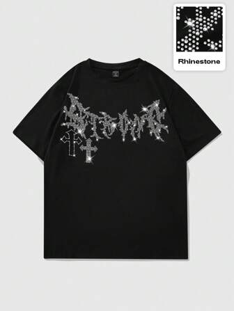 Street Life Men's Casual Goth Fashionable Comfortable White Diamond Rhinestone Cross Print Design Black T-Shirt, Rave