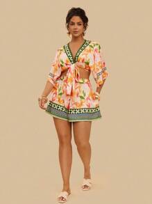 Travachic Set da 2 pezzi, blusa in maglia ampia con stampa di fiori tropicali gialli e pantaloncini casual, stile bohémien, adatto per le vacanze, taglia comoda, per l'estate