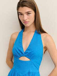 2026 Vestido de verano de tirantes con abertura frontal, ajustado a la cintura y falda en línea A para mujer - Azul - Ver 3