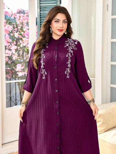 SHEIN Lacomfia 大码女式刺绣长袖宽松休闲衬衫裙