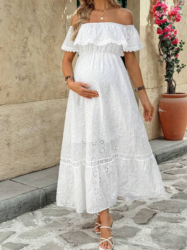 SHEIN Maternity Off Shoulder Hollow Out Embroidery Long Dress  Ruffle  Vacation Baby Shower Maternity Dress  Women's Summer Dress  White Dress  Woven Embroidery  Vacation  White Graduation Dress