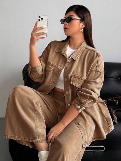 SHEIN ICON 大码女式休闲水洗宽松牛仔夹克