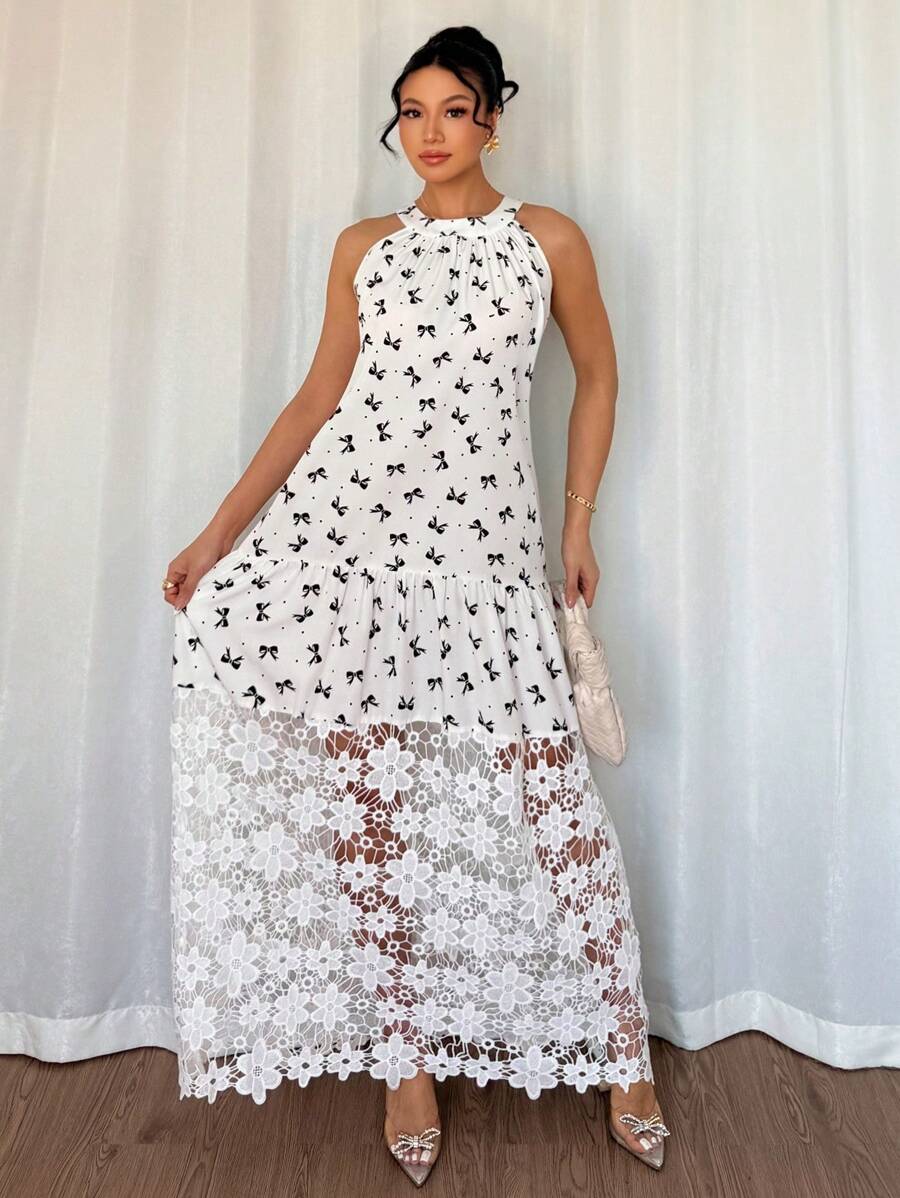 Islaluna Women's Elegant Floral Print Patchwork Ruffle Hem Dress, Summer