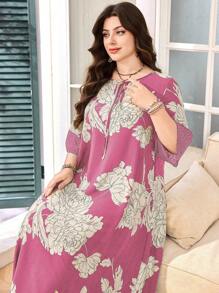 SHEIN Lacomfia Đầm suông rộng rãi, hở vai, chắp vá, vải lanh, cổ tròn, tay áo 3/4, in họa tiết, cỡ lớn - Nhiều màu - Xem 5