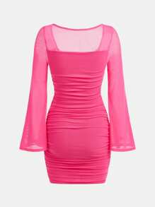 SHEIN Girlism Vestido de punto casual con cuello de tripulación, mangas acampanadas y pliegues de tul para niña adolescente