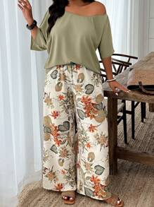 EMERY ROSE 2pcs/Set Plus Size Solid Color Shirt & Random Print Pants, Casual Resort Style - Multicolor - View 6