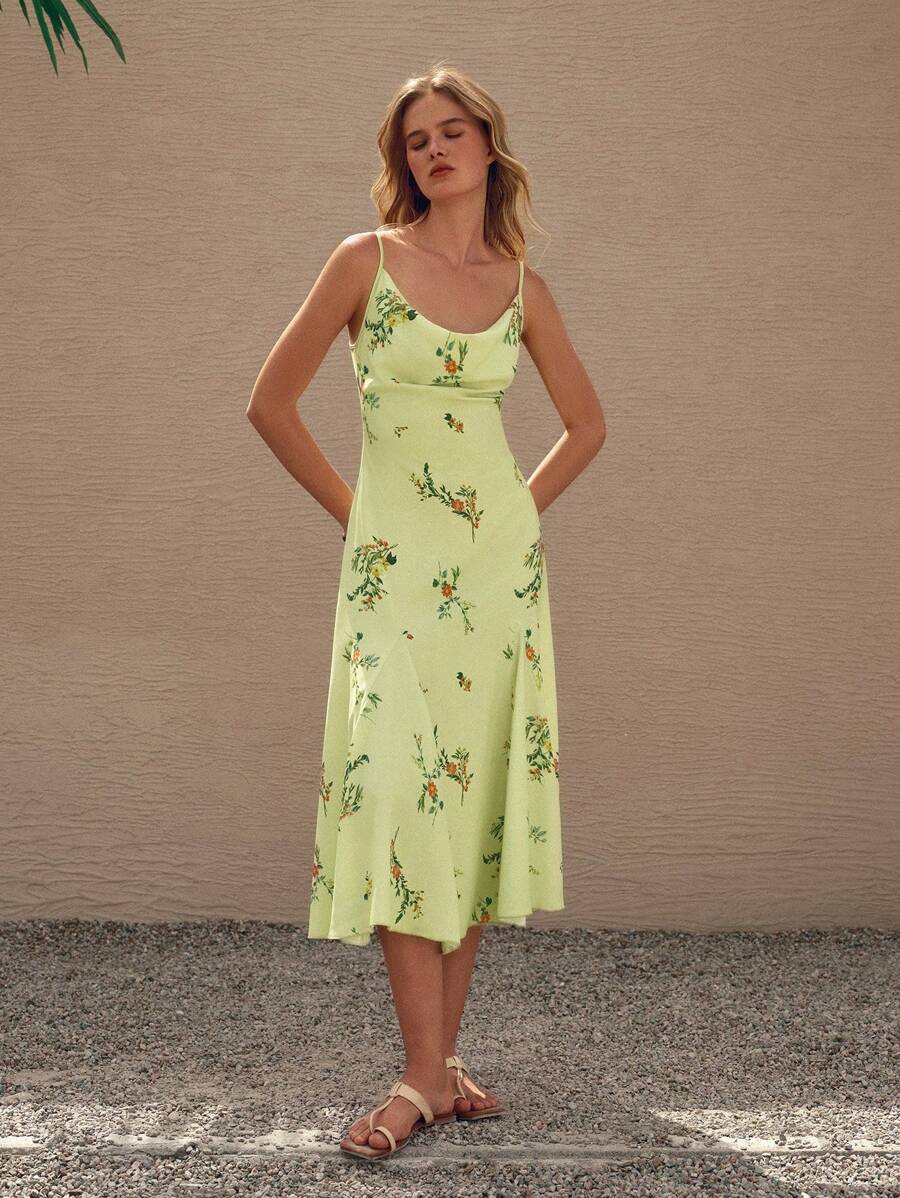 Lumivelle 女士细肩带荷叶边下摆绿色花卉印花中长度假连衣裙