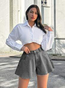 EURMUSE 100%Cotton MID WAIST DIAMOND DETAILED SHORT - Light Grey - View 4