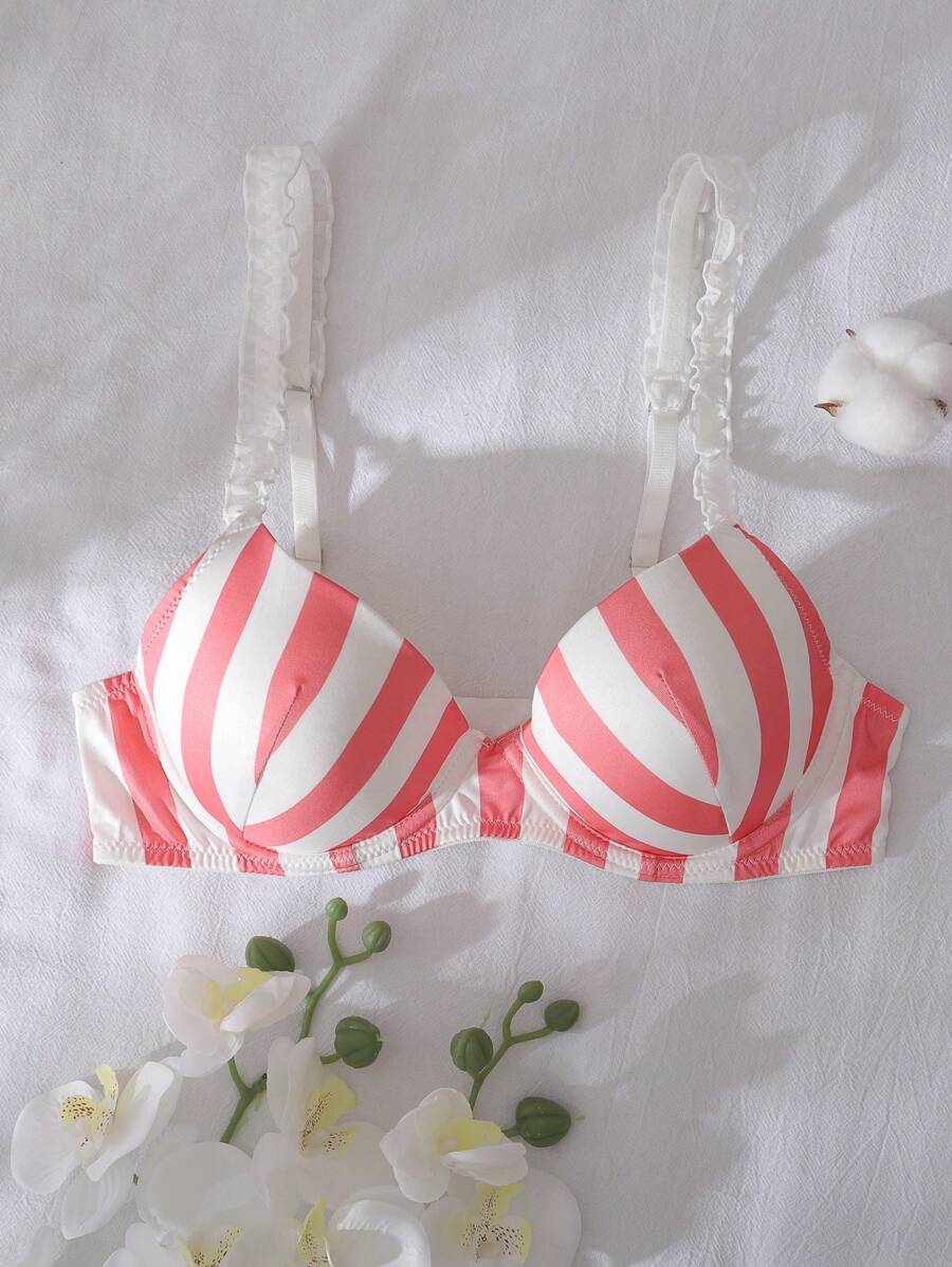 Dream Adore Striped Patchwork Molded Cup Underwire Lace Trim Refreshing Cute Women Bra - Watermelon Pink - View 1