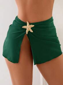 SHEIN Swim 1 件女士纯色度假海星装饰侧开叉泳衣罩衫 - 綠色 - 查看 3