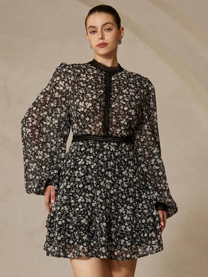 Aveloria Rosie Robe mini sexy avec ceinture, manches bouffantes en mousseline de soie transparente, imprimé floral vintage élégant pour femmes grandes tailles