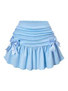 SHEIN Explorewe Tween Girl Sweet & Cool Solid Color Bow Decor Pleated Skirt - Baby Blue - View 8