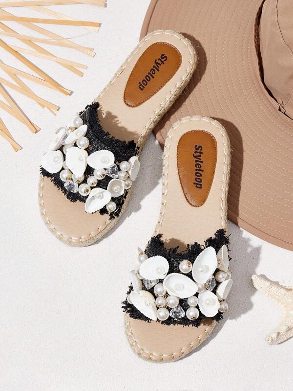 Styleloop Weiße Mini Perlen Dekor Lässig Urlaubs Pantoffeln