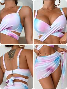 Swim DD+ Women 3pcs/Set Swimsuit - Tankini Top, Triangle Bottoms, Sarong For Summer Beach Vacation - Multicolor - View 8