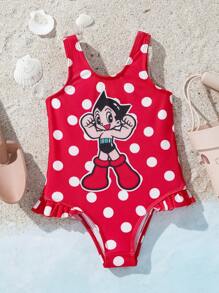 Astro Boy X SHEIN Baby Girl Polka Dot And Cartoon Pattern Scoop Neck One-Piece Swimsuit Beachwear - Red - View 1