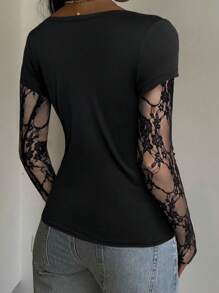 CovetEZ Áo len dệt kim dài tay chắp vá ren đen cho nữ, thường ngày mùa hè - màu đen - Xem 2