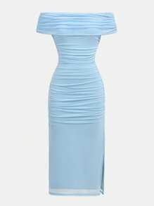 SHEIN Girlism TEENGIRL 蓝色优雅露肩褶皱网眼紧身连衣裙、派对连衣裙