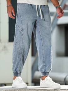 Manfinity LEGND Pantalones vaqueros informales para hombre con cintura ajustable con cordón y pierna entallada