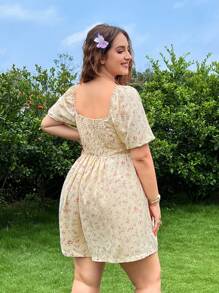SHEIN EZwear Plus Size Boho Floral Print Woven Fabric Jumpsuit With Square Neckline And Half Sleeves For A Chic Summer Look