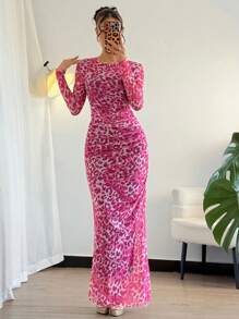 SHEIN Unity 女士优雅豹纹修身网眼透视长袖连衣裙，适合春秋季女装 - 粉色 - 查看 6