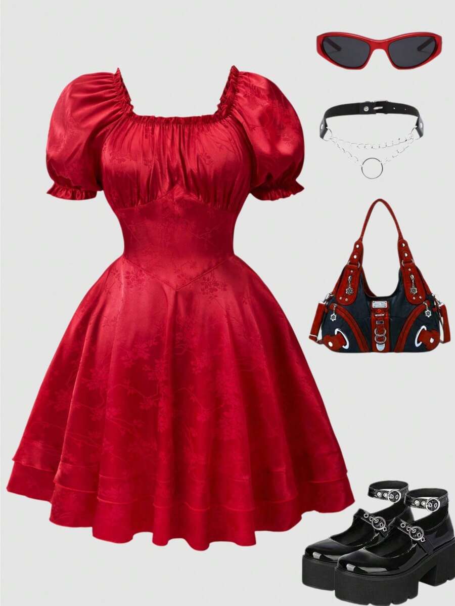 SHEIN 少女纯色荷叶边短袖简约休闲连衣裙 - 紅色 - 查看 1