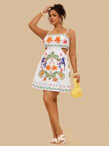 Travachic Vestido de Verão Casual de Férias com Estampa Tropical Colorida de Papagaio, Decote Vazado nas Costas, Regata, para Mulheres Plus Size