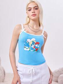The Smurfs X SHEIN Damen Casual Cute Cartoon Muster Farbblock Schleife Dekor Camisole Top, Sommer