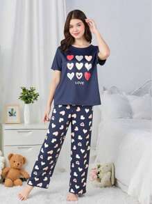SHEIN Bộ đồ ngủ 2 món in hình trái tim và chữ cho bé gái tuổi teen ngày lễ tình nhân và quần ngắn tay thoải mái - Màu xanh hải quân - Xem 1