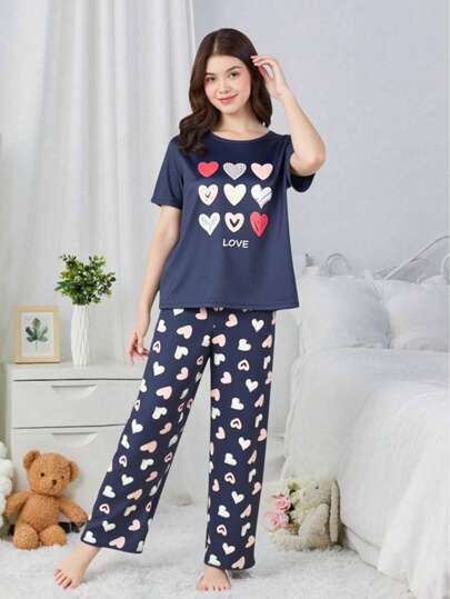 SHEIN Valentinstag Teenager Mädchen Herz & Buchstaben bedrucktes Kurzarm Top und Hose, bequemer 2 Stücke Pyjama-Set