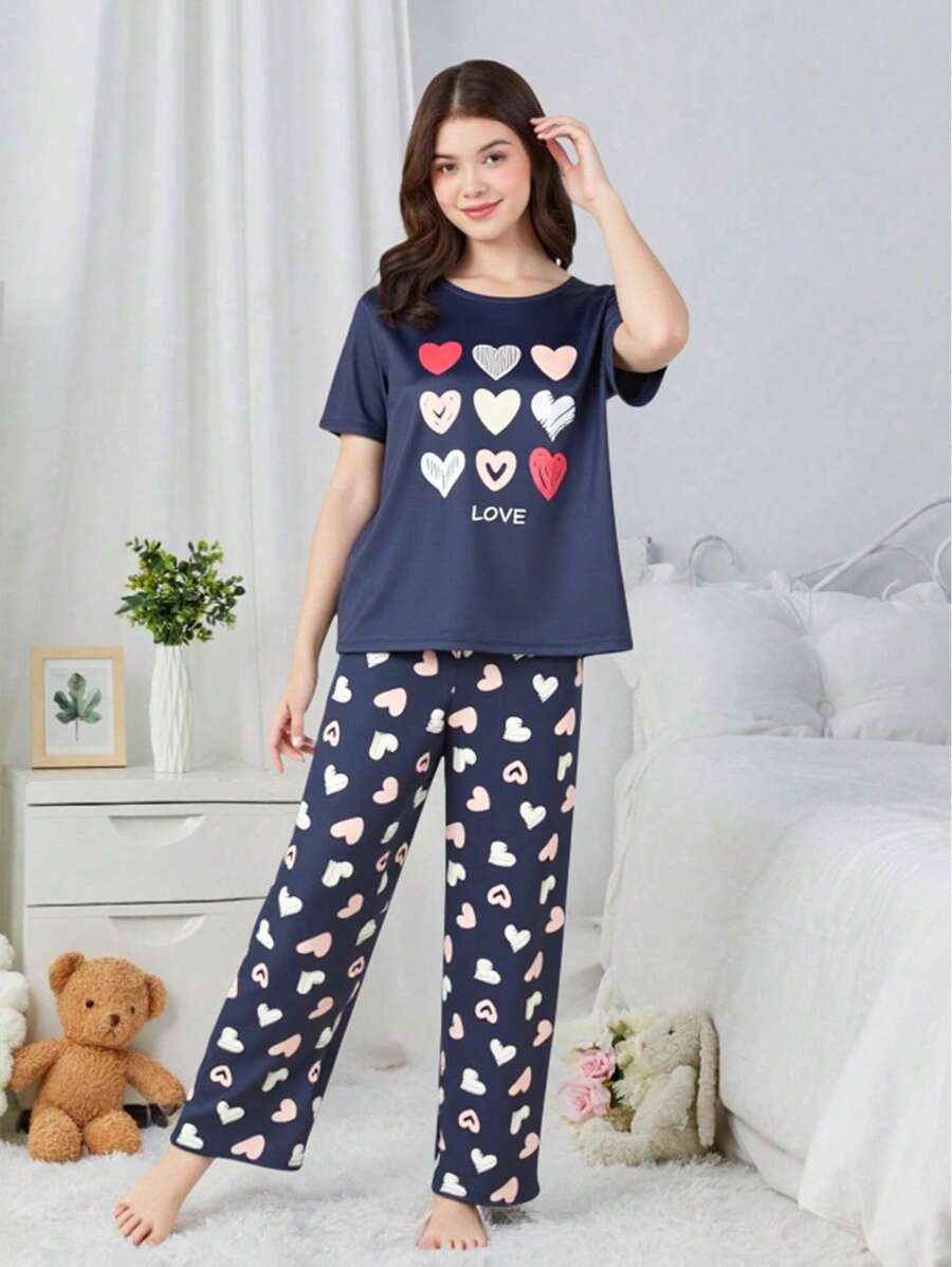 SHEIN Bộ đồ ngủ 2 món in hình trái tim và chữ cho bé gái tuổi teen ngày lễ tình nhân và quần ngắn tay thoải mái - Màu xanh hải quân - Xem 1