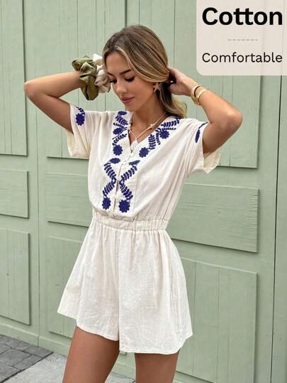 SHEIN Frenchy 女士度假花卉刺绣单排扣短袖休闲连体裤
