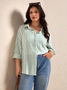 Elaquor Plus Size Boho Front Button Long Sleeve Striped Shirt , Casual Everyday Wear, For Summer - Green - View 1
