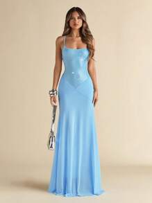 SHEIN BAE Váy dài thanh lịch đính sequin lấp lánh màu xanh lam cho kỳ nghỉ bên bờ biển/Váy mùa hè cho nữ//Trang phục đi nghỉ cho nữ/Trang phục đi biển cho nữ/Váy đi biển - Màu xanh lam - Xem 1