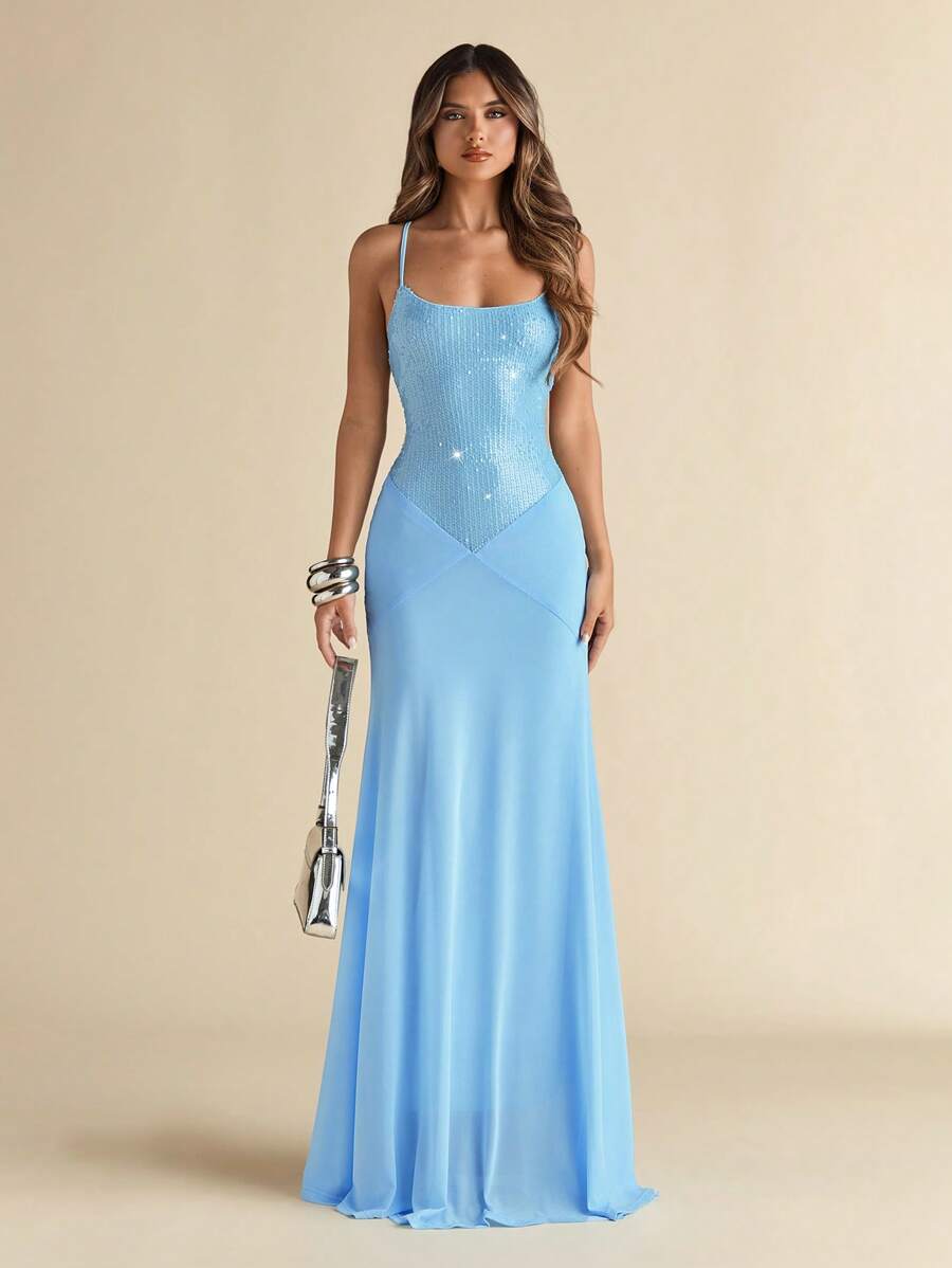 SHEIN BAE Váy dài thanh lịch đính sequin lấp lánh màu xanh lam cho kỳ nghỉ bên bờ biển/Váy mùa hè cho nữ//Trang phục đi nghỉ cho nữ/Trang phục đi biển cho nữ/Váy đi biển - Màu xanh lam - Xem 1