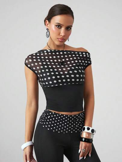 ROMWE Avant T-shirt asymétrique froncé pour femmes, coupe slim, revival rétro, motif à pois, style Harajuku Y2K