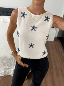 SHEIN Frenchy Women Floral Print Round Neck Casual Knit Vest,Tops For School