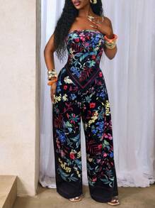 BamGleam Ensemble deux pièces BamGleam composé d'un top ultra-court à imprimé floral asymétrique, de pantalons ultra-longs à jambes larges pour l'été/les vacances à la plage.