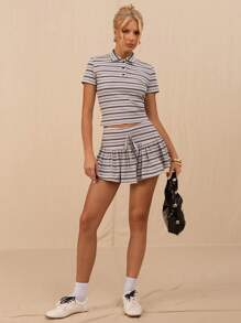SHEIN Forever 21 女士休闲条纹荷叶边下摆半身裙，夏季 - 黑色 - 查看 6