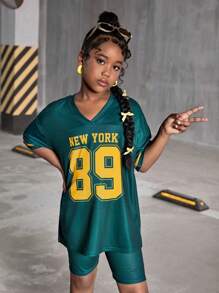 青少年女孩运动街头服饰 V 领短袖上衣和针织短裤两件套，春夏 - 墨綠色 - 查看 5