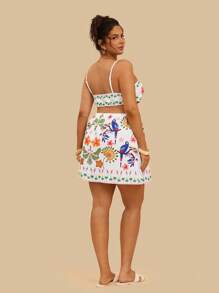 Travachic Vestido de Verão Casual de Férias com Estampa Tropical Colorida de Papagaio, Decote Vazado nas Costas, Regata, para Mulheres Plus Size