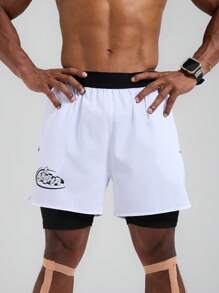 Manfinity Sport Polished Herren Buchstaben Muster elastische Taille Doppelschicht Sport Shorts Radlerhose Laufshorts