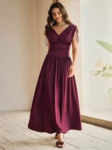 Anewsta Women's Solid Color Pleated Sleeveless Fitted Elegant Modern Romantic Sexy Dress, Spring/Summer - Purple - View 5