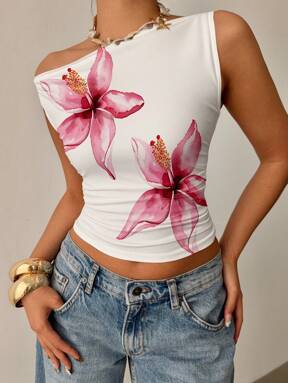 Siren Gaze Blusa casual y elegante con pliegues asimétricos, ajuste ceñido, para usar en temporada de verano - Estampado de flor de hibisco, floral, hawaiano, primavera, chica de coco, viaje de chicas, festival de música